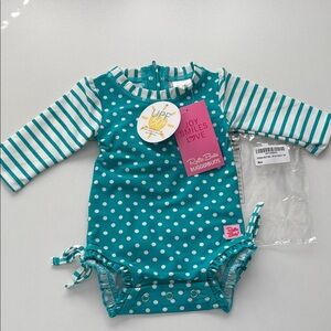 NWT RuffleButts Aqua Polka Dot One Piece long Sleeve Rash Guard Swimsuit